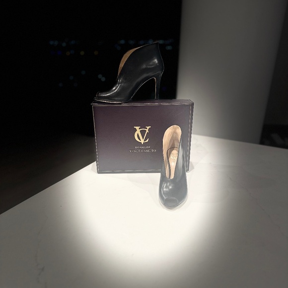 Vince Camuto Signature Black Leather Peep-Toe Booties - Picture 6 of 9